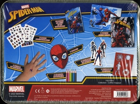 Marvel Spider-Man. Mon coffret surprise. Avec 1 feuille de tatouages, 5 pages d'autocollants, 1 masque, 6 crayons, 3 figurines en carton, 1 poster et 1 feuille de pochoirs