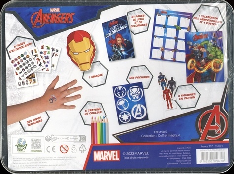 Mon coffret surprise Marvel Avengers. Avec 64 pages de jeux et coloriages, des autocollants, un masque, des pochoirs, des tatouages, 1 poster, 3 figurines et 6 crayons de couleur