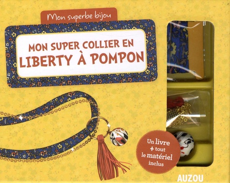 Mon super collier en Liberty à pompon. Avec 1 cordon en Liberty, 1 pompon rouge, 1 pompon en tissu, 1 chainette, des pinces ruban et fermoirs