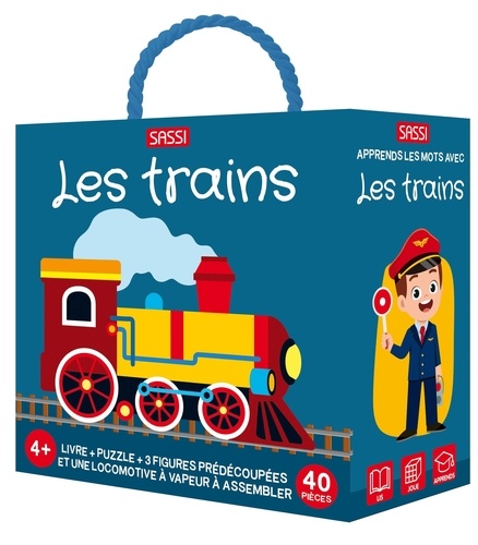 Les trains. Avec 1 livre, 1 puzzle de 40 pièces 52x38 cm, 3 figurines prédécoupées et 1 locomotive à vapeur à assembler et à placer sur le puzzle
