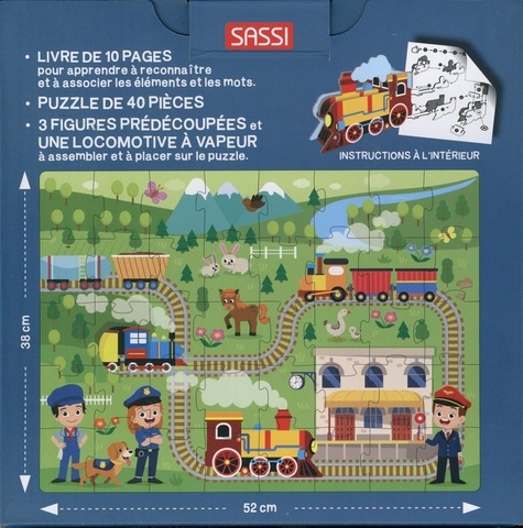Les trains. Avec 1 livre, 1 puzzle de 40 pièces 52x38 cm, 3 figurines prédécoupées et 1 locomotive à vapeur à assembler et à placer sur le puzzle