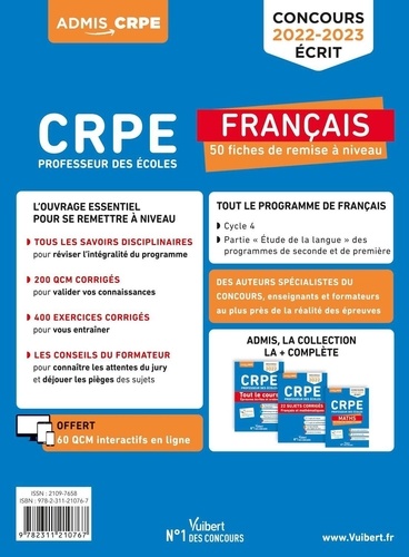 CRPE Professeur des écoles Français. 50 fiches de remise à niveau  Edition 2022-2023