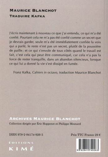 Traduire Kafka de Maurice Blanchot - Grand Format - Livre - Decitre