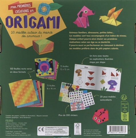 Mes premières créations en origami. Boîte avec 150 feuilles, 20 yeux mobiles autocollants, et plus de 200 stickers