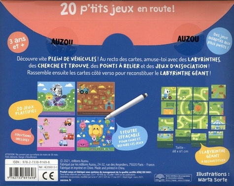 20 p'tits jeux en route !. Avec 1 labyrinthe géant, 20 jeux plastifiés, 1 feutre effaçable