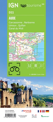 Aude. Carcassonne , Narbonne, Limoux, Quillan, Canal du Midi. 1/100 000