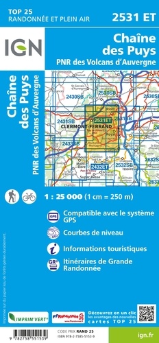 Chaîne des Puys, PNR des Volcans d'Auvergne. 1/25 000 5e édition