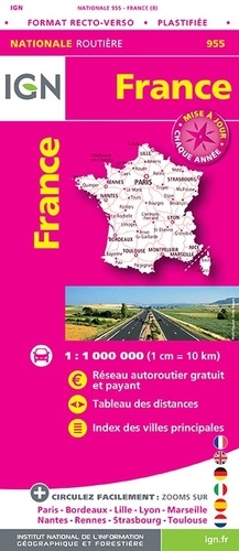 France plastifiée format recto-verso. 1/1 000 000  Edition 2019