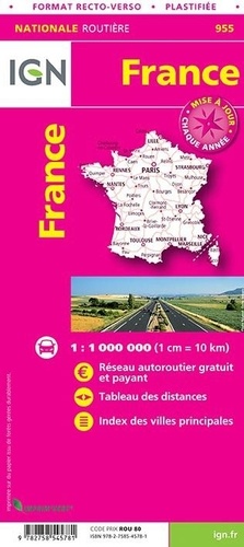 France plastifiée format recto-verso. 1/1 000 000  Edition 2019