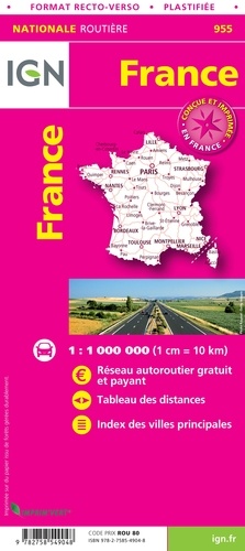 France plastifiée format recto-verso. 1/1 000 000  Edition 2020