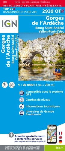 Gorges de l'Ardèche, Bourg-Saint-Andéol, Vallon-Pont-d'Arc. 1/25 000, recto-verso, plastifiée-résistante