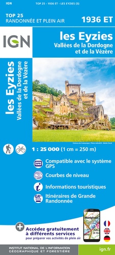 Les Eyzies. Vallée de la Dordogne et de la Vézère. 1/25 000