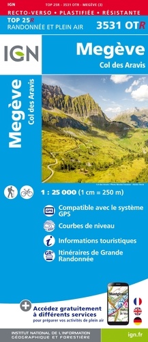 Megève, Col des Aravis. 1/25 000, plastifiée-résistante
