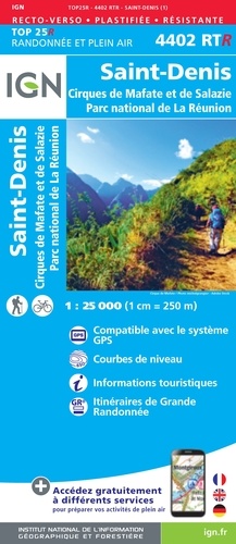 Saint-Denis, Cirques de Mafate et de Salazie, Parc national de La Réunion. 1/25 000, recto-verso, plastifiée, résistante  Edition 2020