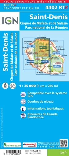 Saint-Denis, Cirques de Mafate et de Salazie, Parc national de La Réunion. 1/25 000, recto-verso, plastifiée, résistante  Edition 2020