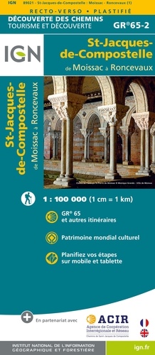 St-Jacques-de-Compostelle de Moissac à Roncevaux GR 65-2. 1/100 000, recto-verso plastifié