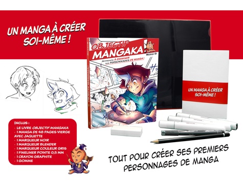 Objectif mangaka ! Apprends à dessiner tes personnages de manga !. Le kit de l'apprenti mangaka, avec le livre, un manga vierge, des marqueurs, des crayons et une gomme