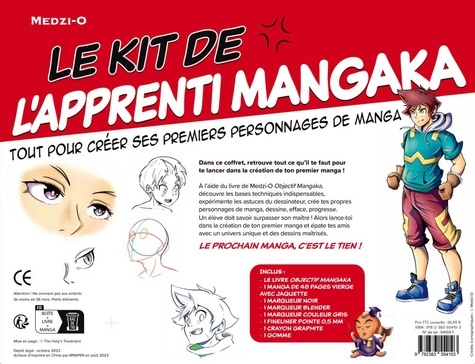 Objectif mangaka ! Apprends à dessiner tes personnages de manga !. Le kit de l'apprenti mangaka, avec le livre, un manga vierge, des marqueurs, des crayons et une gomme