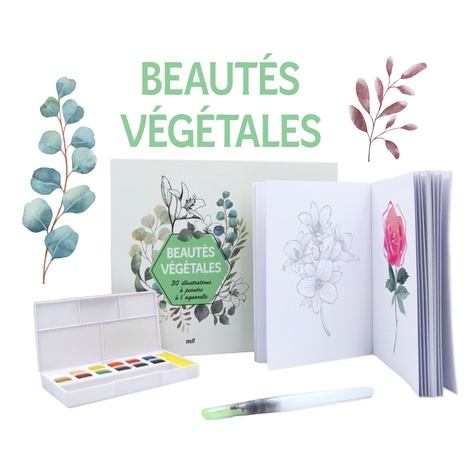 Beautés végétales, 30 illustrations à peindre à l'aquarelle. Un carnet avec des feuilles détachables, une palette de 12 couleurs et un pinceau réservoir