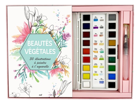 Coffret Aquarelle - Beautés végétales - 30 illustrations à peindre. Un carnet avec des feuilles détachables, une palette de 18 couleurs, un pinceau réservoir et 2 nuanciers