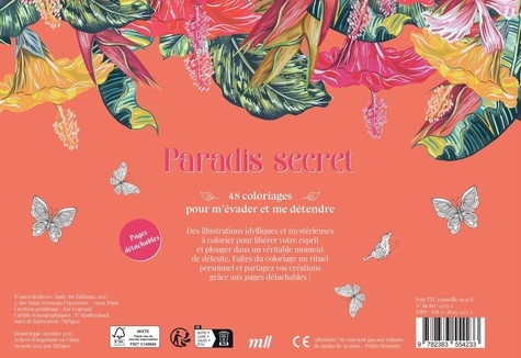 Coffret Paradis secret. 48 coloriages pour m'évader et me détendre. Coffret avec un carnet avec des feuilles détachables et 10 crayons de couleur