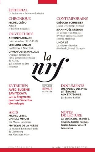 La Nouvelle Revue Française N° 614, Septembre 2015