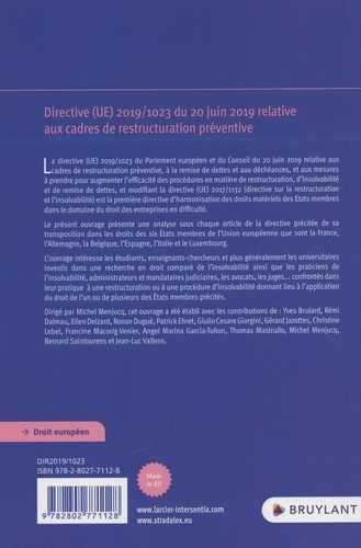Directive (UE) 2019/1023 du 20 juin 2019 relative aux cadres de restructuration préventive. Commentaire article par article