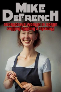 attractive woman in apron smiling holding a spatula