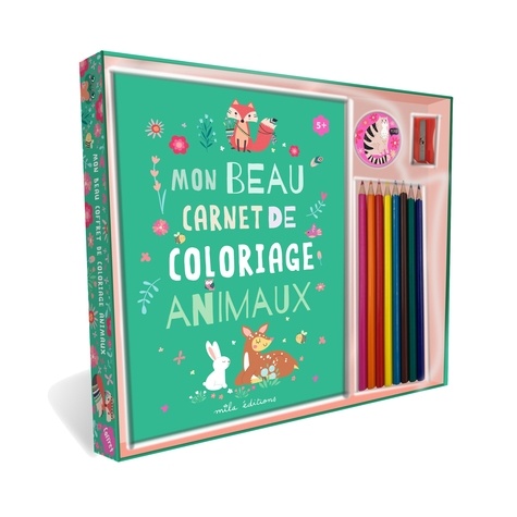 Mon beau coffret de coloriage animaux. Un livre de coloriages, 8 crayons de couleur, un taille-crayon et des stickers