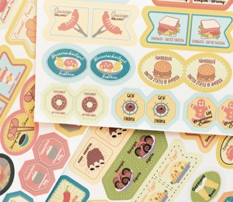 Stickers nourriture du monde. 64 épingles et 64 stickers
