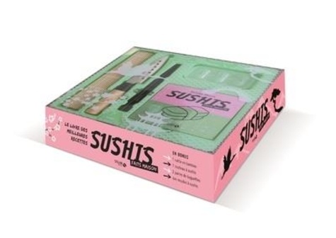 Coffret sushis. Le livre Sushis faits maison avec 1 natte en bambou, 1 couteau spécial sushis, 1 moule à sushis et 2 paires de baguettes