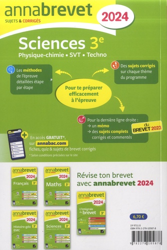Sciences 3e. Physique-chimie, SVT, Techno ; Sujets & corrigés  Edition 2024