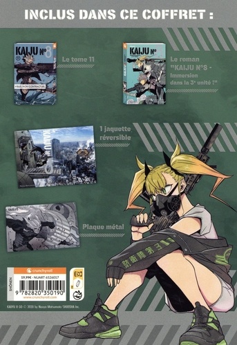 Kaiju n°8  Coffret avec le tome 11, le roman Kaiju N°8 immersion dans la 3e unité !, 1 jaquette réversible, 1 plaque métal. Dont le tome 11 offert -  -  Edition limitée