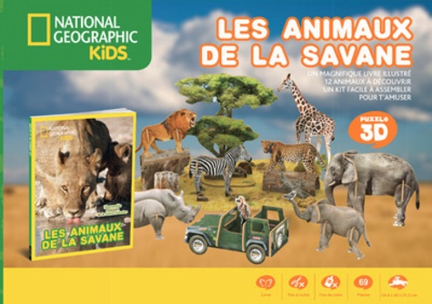  National Geographic Kids - Les animaux de la savane - Un magnifique livre illustré, 12 animaux à découvrir, un kit facile à assembler pour t'amuser.