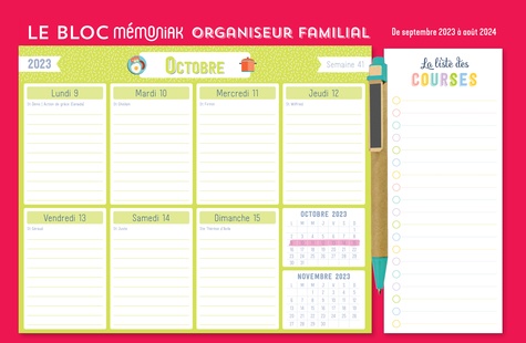 Le bloc hebdomadaire organiseur familial. De septembre 2023 à août 2024 - Avec un stylo aimanté et une liste détachable  Edition 2023-2024