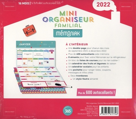 Mini-organiseur familial Mémoniak. 16 mois, de septembre 2021 à décembre 2022  Edition 2022