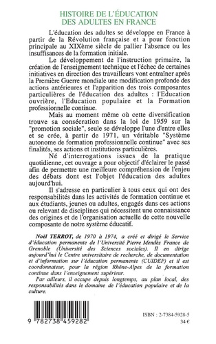 Histoire De L'Education Des Adultes En France. La Part De L'Education Des Adultes Dans La Formation Des Travailleurs : 1789-1971