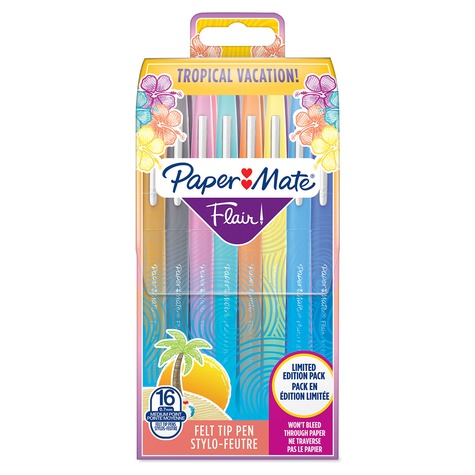 PAPER MATE Flair Feutre d'écriture Tropical, pointe moyenne (0,7 mm),assortiment de couleurs tropical, pochette de 16