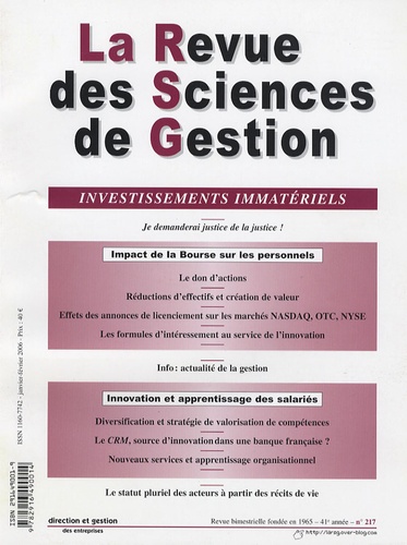 Patrick Valéau et Christel Dubrulle - La Revue des Sciences de Gestion N° 217, Janvier-févr : Investissements immatériels.