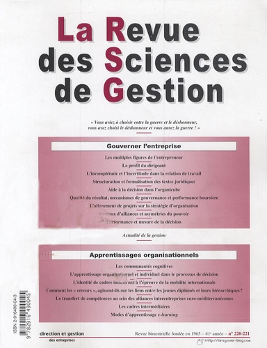 Azzédine Tounes et Alain Fayolle - La Revue des Sciences de Gestion N° 220-221, Juillet- : Gouverner l'entreprise, Apprentissages organisationnels.