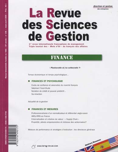 Philippe Naszalyi - La Revue des Sciences de Gestion N° 236, Mars-avril 2 : Finance.