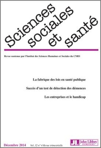 Sciences Sociales Et Santé Volume 32 N° 4, Décembre 2014