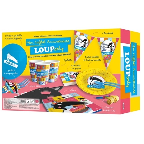 Mon coffret anniversaire Louparty. Avec 8 sets de couverts, 8 serviettes, 8 langues de belle-mère, 8 gobelets, 8 pailles, 8 marque-pailles, 20 ballons, 8 masques Loup, 1 banderole et 8 assiettes