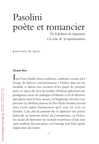 Pasolini poète et romancier. De la pulsion de regréssion à la crise de la représentation