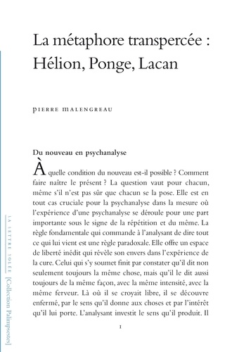 Pierre Malengreau - La Métaphore transpercée - Hélion, Ponge, Lacan.