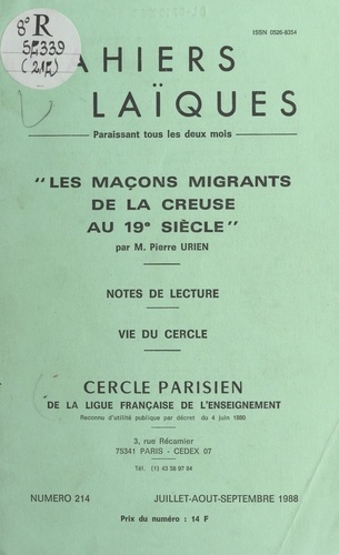 Les maçons migrants de la Creuse au 19e siècle. Notes de lecture. Vie du Cercle