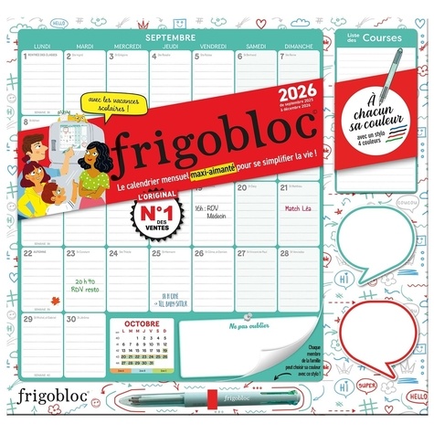 Frigobloc mensuel A chacun sa couleur !. Le calendrier mensuel maxi-aimanté pour se simplifier la vie ! Avec 1 stylo 4 couleurs  Edition 2025-2026