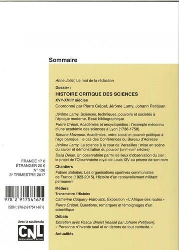 Cahiers d'Histoire N° 136, juillet-août-septembre 2017 Histoire critique des sciences XIVe-XVIIIe s