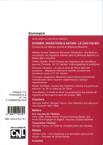 Cahiers d'Histoire N° 143, juillet-août-septembre 2019 Migrations & nation : le cas italien