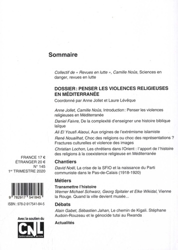 Cahiers d'Histoire N° 145, janvier-février-mars 2020 Penser les violences religieuses en Méditerranée - septembre 2020